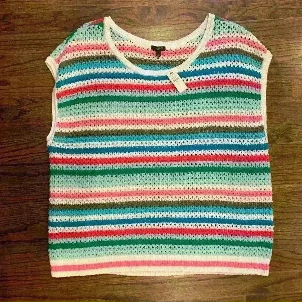 Talbots Rainbow Striped Crochet Looseknit Crewneck Pullover Preppy Vest Size 2X